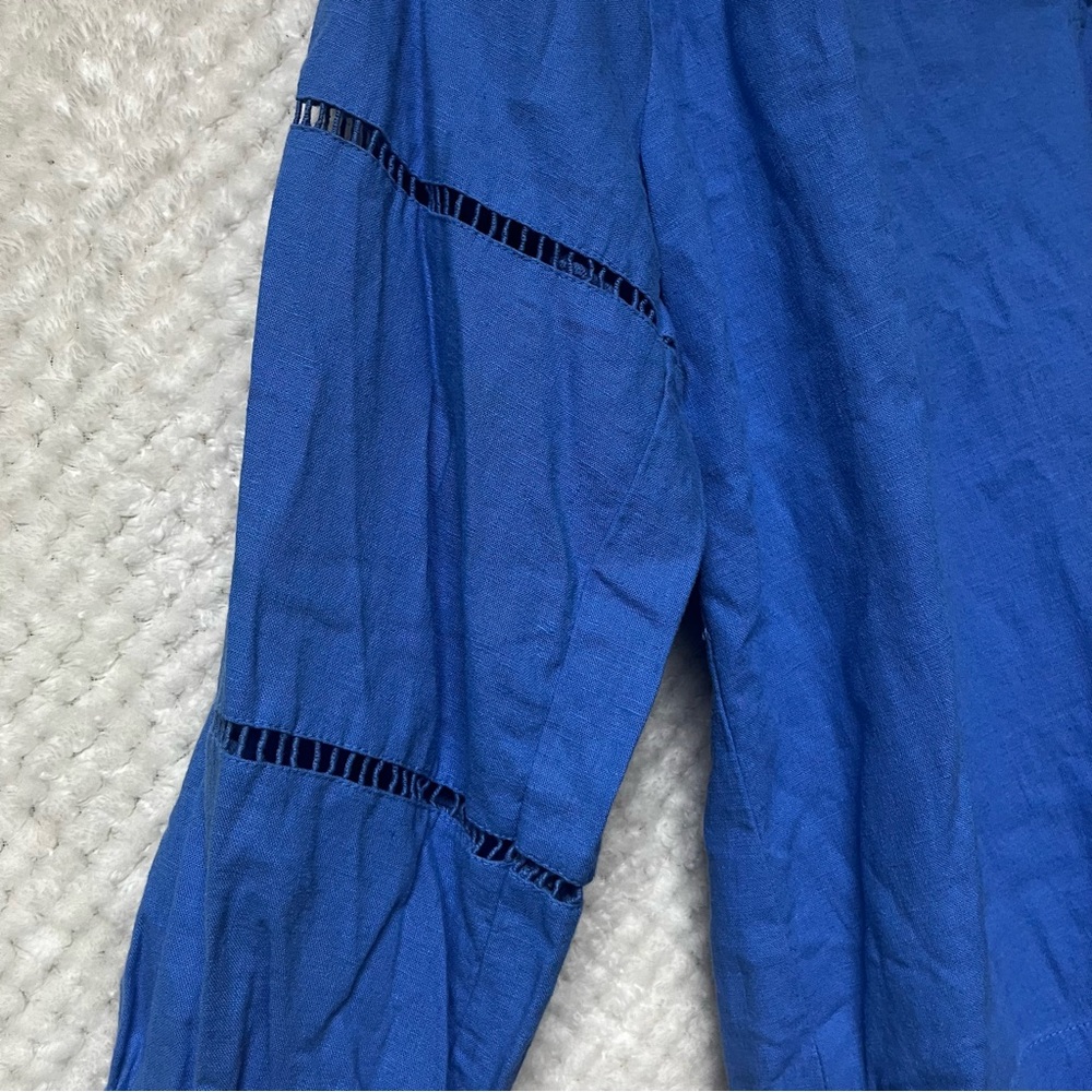 LOFT Womens Top Royal Blue Blouse with Sleeve Accents V Neck Linen Blend Small - Picture 3 of 10